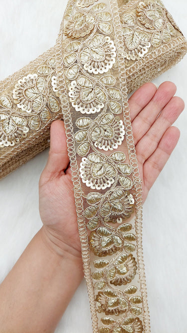 Gold Sequins Trim 2 Yards Decorative Floral Embroidered Lace Sari Border Costume Ribbon Crafting